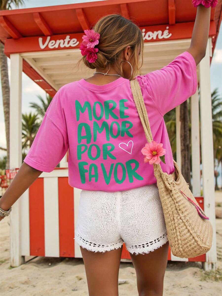 DrmWander Camiseta de manga corta casual de verano con estampado de letras para tallas grandes