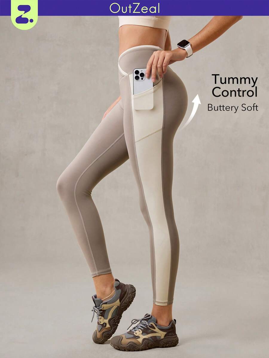 OutZeal Leggings vita alta con tasche laterali, effetto controllo addome, blocchi di colore, adatti per uso casual quotidiano