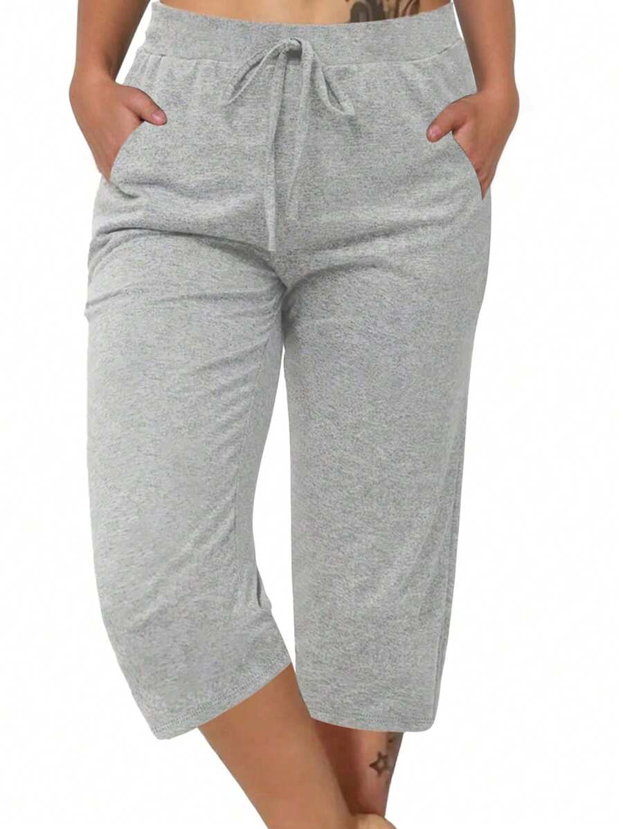 SHEIN LUNE Pantaloni alla caviglia semplici di colore unito con coulisse in vita, per donne taglie forti, adatti per l'estate