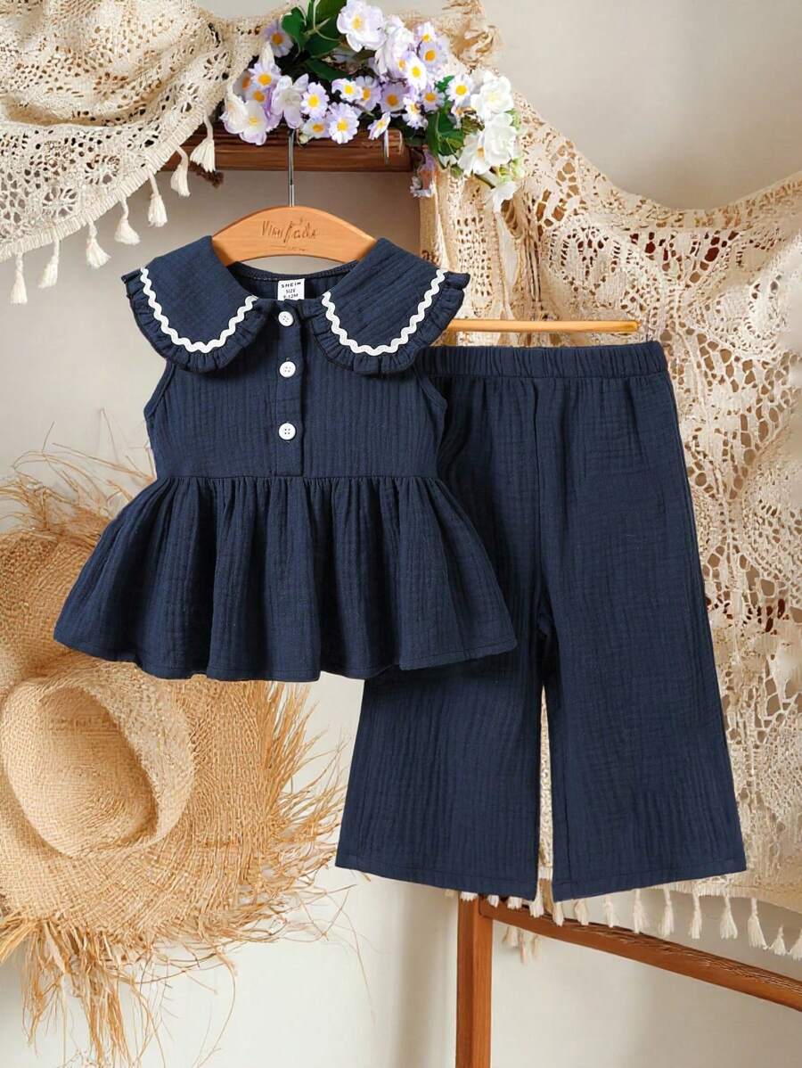 SHEIN Vintaside Kids 2-delige set voor babymeisjes, schattig stijlvol marineblauw topje zonder hals en broek, preppy stijl lente- en zomerkleding.