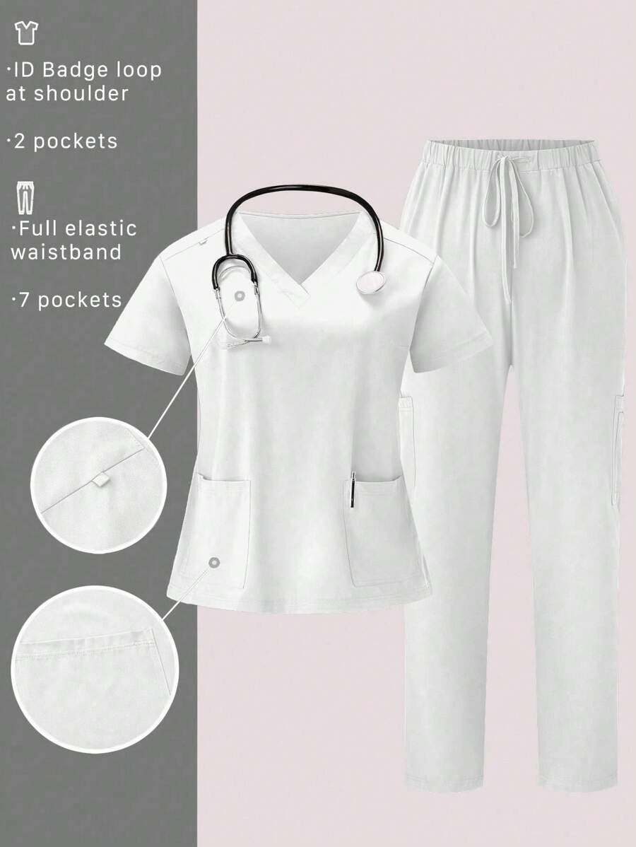 TaskEZ Conjunto de uniforme de enfermera de talla grande para mujer con top de unicolor con cuello en V y parche, bolsillo y manga corta, y pantalón largo