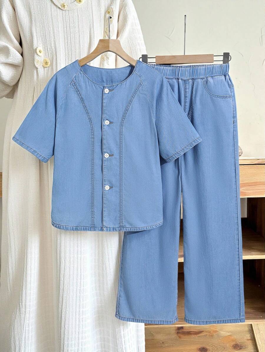 SHEIN 2 Piezas Conjunto casual de moda para niños preadolescentes Y2k Vintage: camisa holgada y cómoda de denim azul de lyocell de manga corta y jeans holgados, cómodos y transpirables de lyocell para ropa de niños, traje diario y atuendos de verano y primavera para festivales y playa