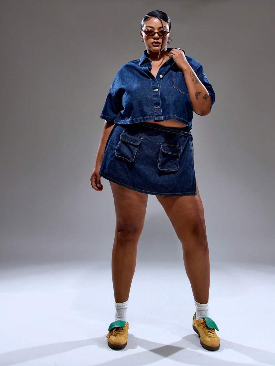 MUSERA Plus Size Low Rise Pocket Front Tie Side Denim Mini Skirt Only Summer Streetstyle Vacation Holiday 90's Y2k Cute Casual City Muse Streetwear