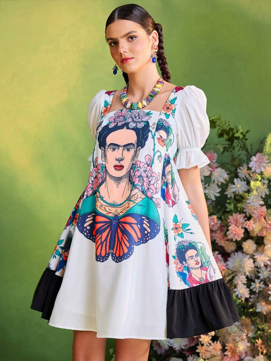 Frida Kahlo X SHEIN X Designer KATHARSIS Vestido mini mujer de verano de silueta de línea A, con mangas de globo, bloqueo gráfico y smocking en la espalda