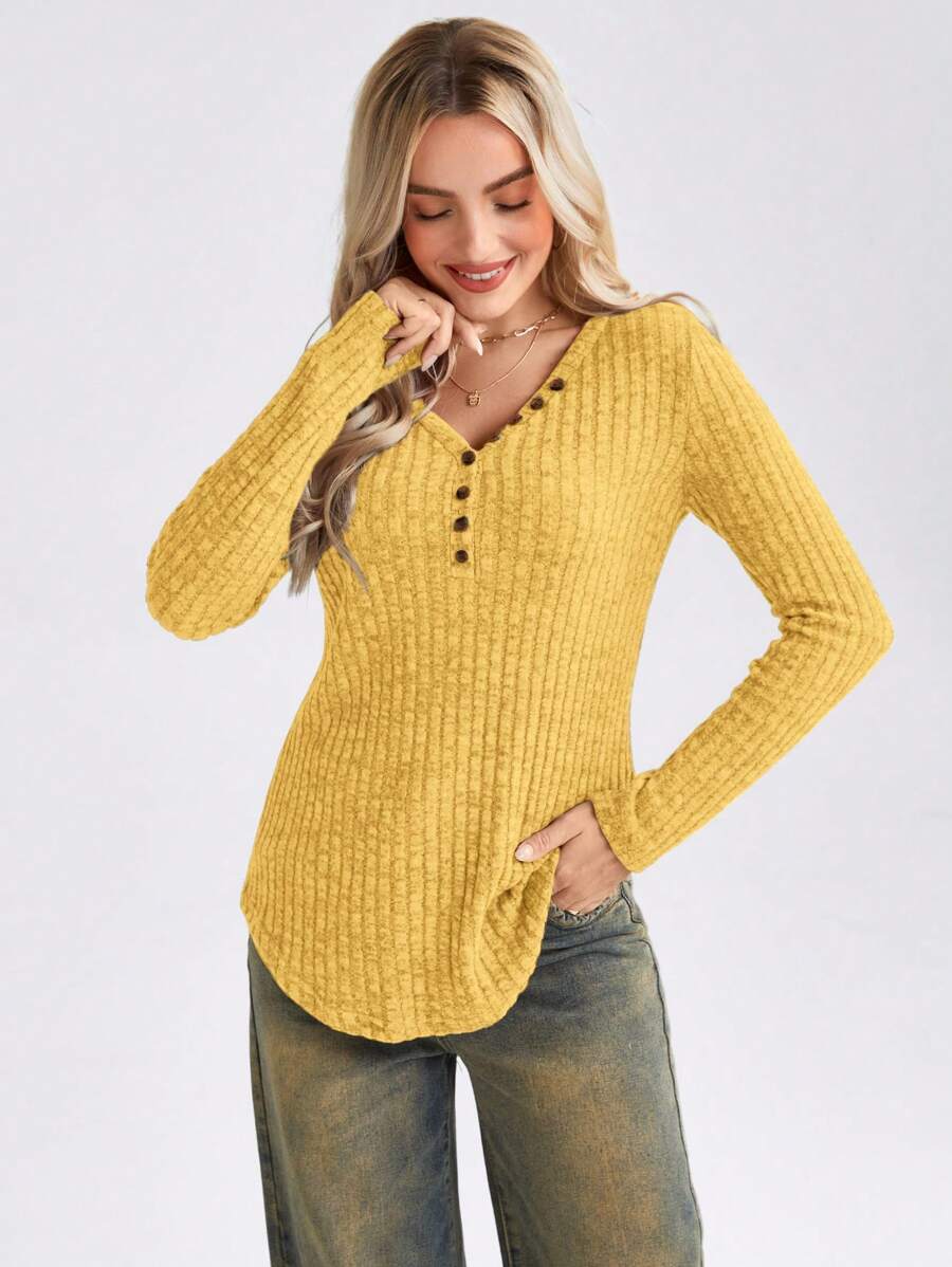 SHEIN LUNE Camiseta casual de mujer de manga larga con cuello en V y botones de unicolor para el otoño