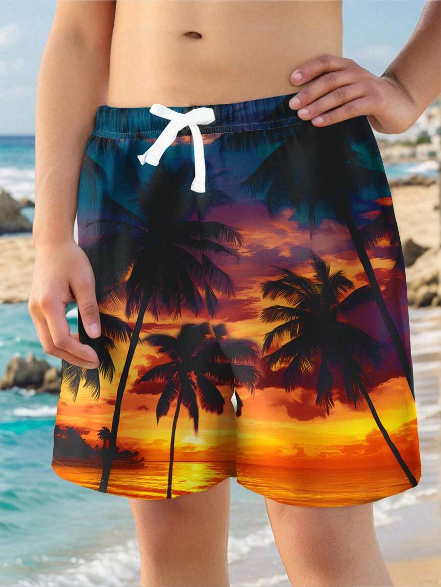 Bermudas de baño casuales con estampado de hojas y corte holgado para adolescentes, adecuado para el verano