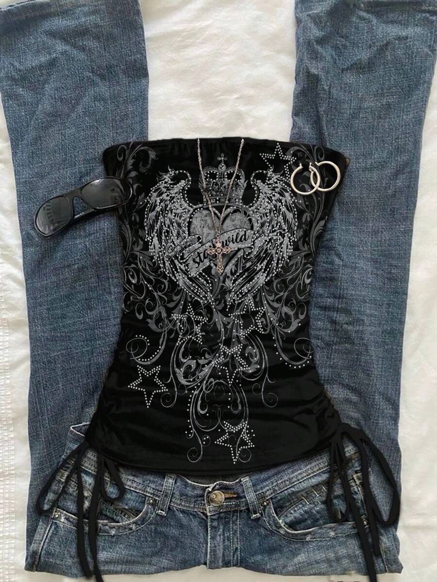 Attitoon Top tubo casual con cordón lateral y decoración de strass, estilo vintage