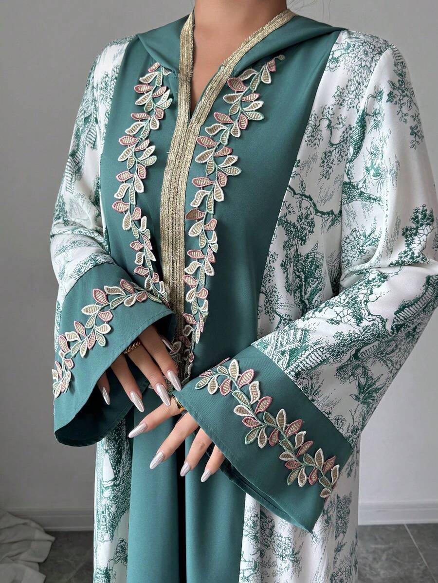 SHEIN Najma Women's Hooded Bell Sleeve Solid Color Print Patchwork Embroidered Ruffle Hem Loose Elegant Turkish Maxi Dress, Suitable For Casual Vacation, Modest Kaftan