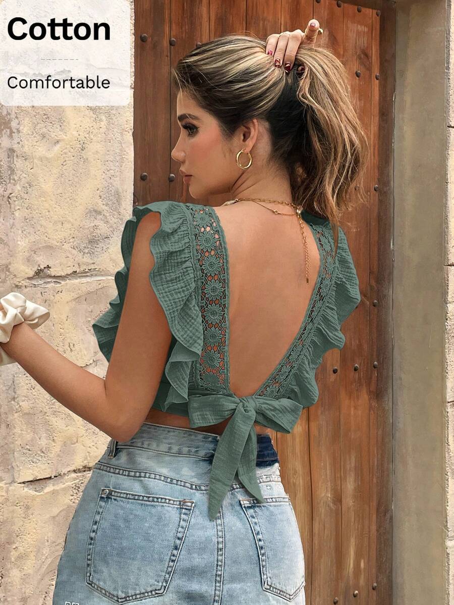 SHEIN Frenchy Blusa corta de mujer de verano, con diseño sexy de unicolor, parche de encaje, espalda descubierta y dobladillo con volantes