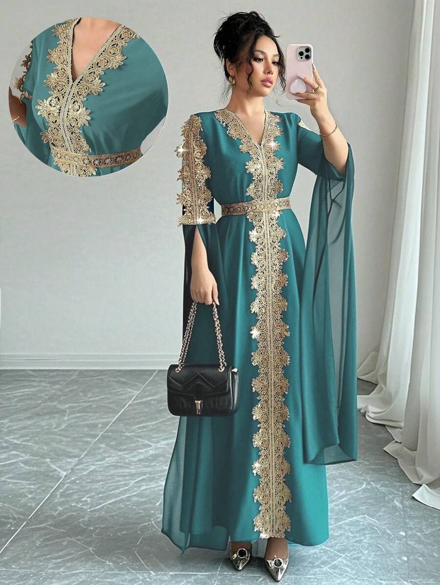 Chiquease Abaya stile mediorientale con patchwork, vestaglia con maniche extra lunghe per donna, vestito lungo con orlo in pizzo a tinta unita