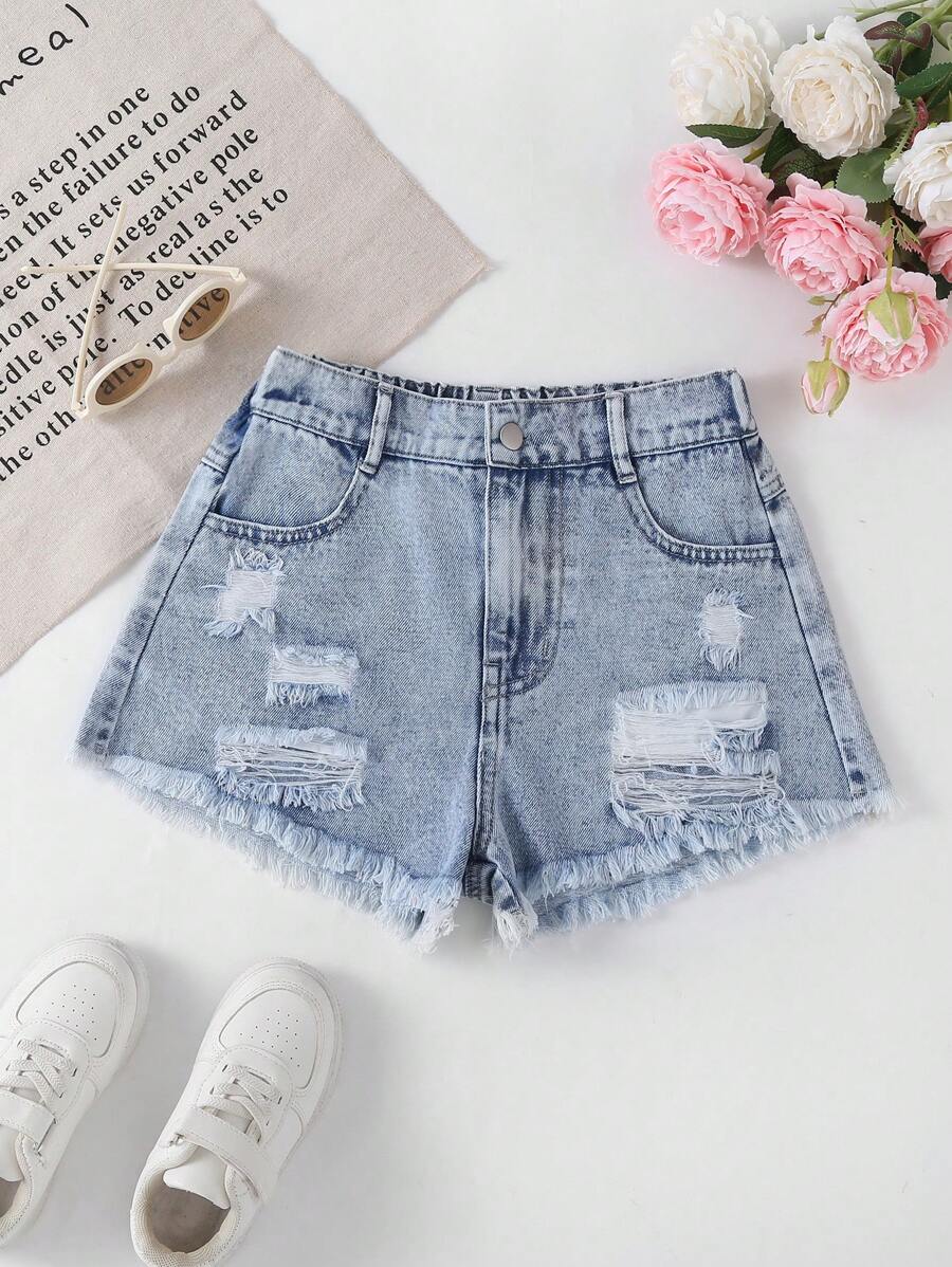 Jeans estilo Y2K para niñas preadolescentes - Desgastado vintage lavado claro, roto y deshilachado, ajuste relajado, tela suave y cómoda, versátil y a la moda, denim para niñas