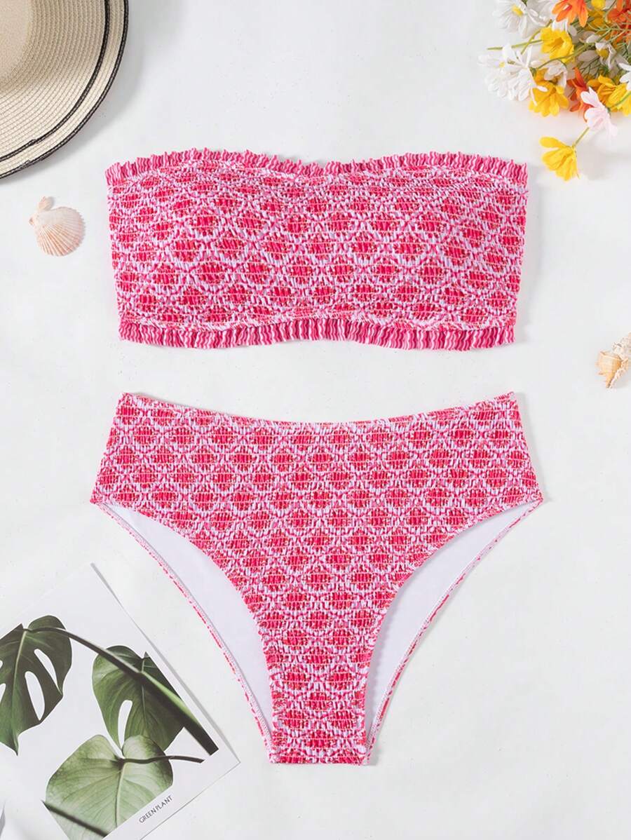 Swim Mod Set de 2 piezas de traje de baño sin tirantes con estampado aleatorio y abertura lateral para mujeres de talla grande para vacaciones