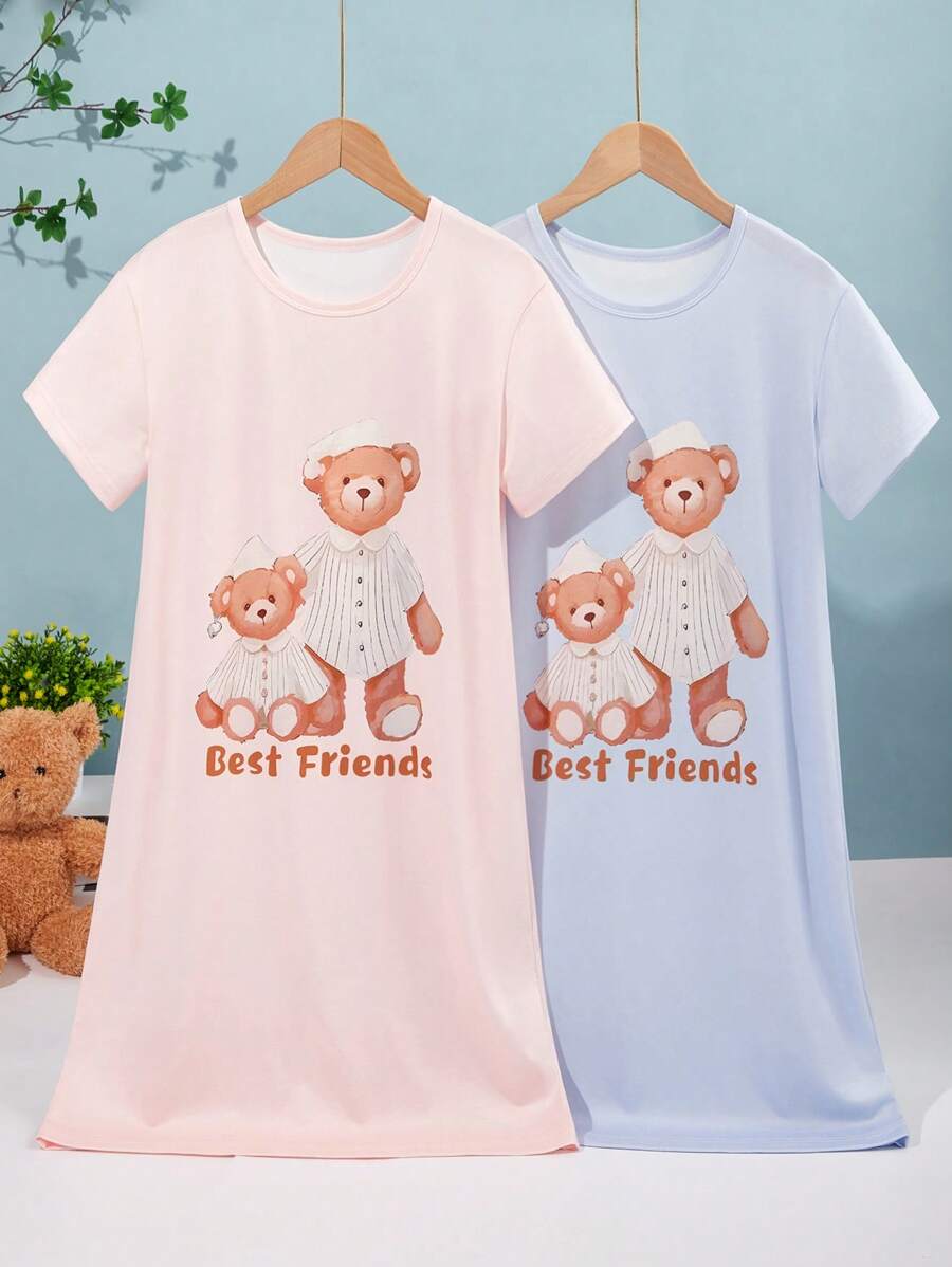 2pcs Girls Pajama Sets, Each Piece Features Cute Cartoon Leopard & Bear Patterns, Light And Soft Color Tones, Simple And Basic Design For Comfortable Wear, Stretchy And Breathable Knit Fabric, Machine Washable, Comfortable Fit, Easy Care Mommy And Me Matching Outfits (2 Pieces Sold Separately)