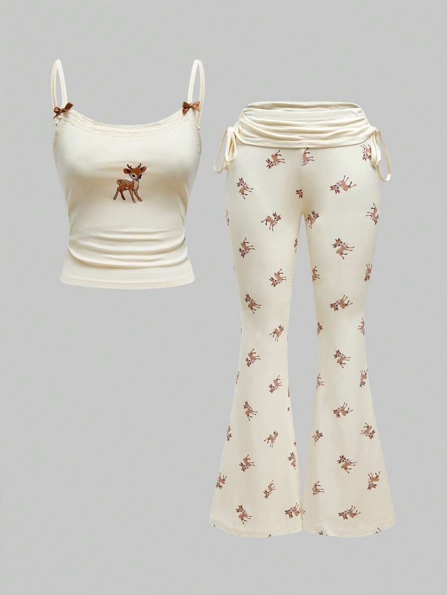 ROMWE J-Fashion Conjunto de blusa bordada con encaje con estampado de ciervos y pantalones acampanados con estampado de ciervos