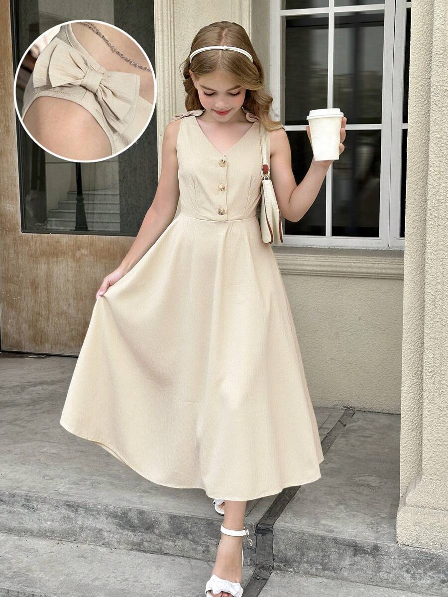 SHEIN Tween Girls Casual Commuter Butterfly Knot Decor Sleeveless A-Line Maxi Dress