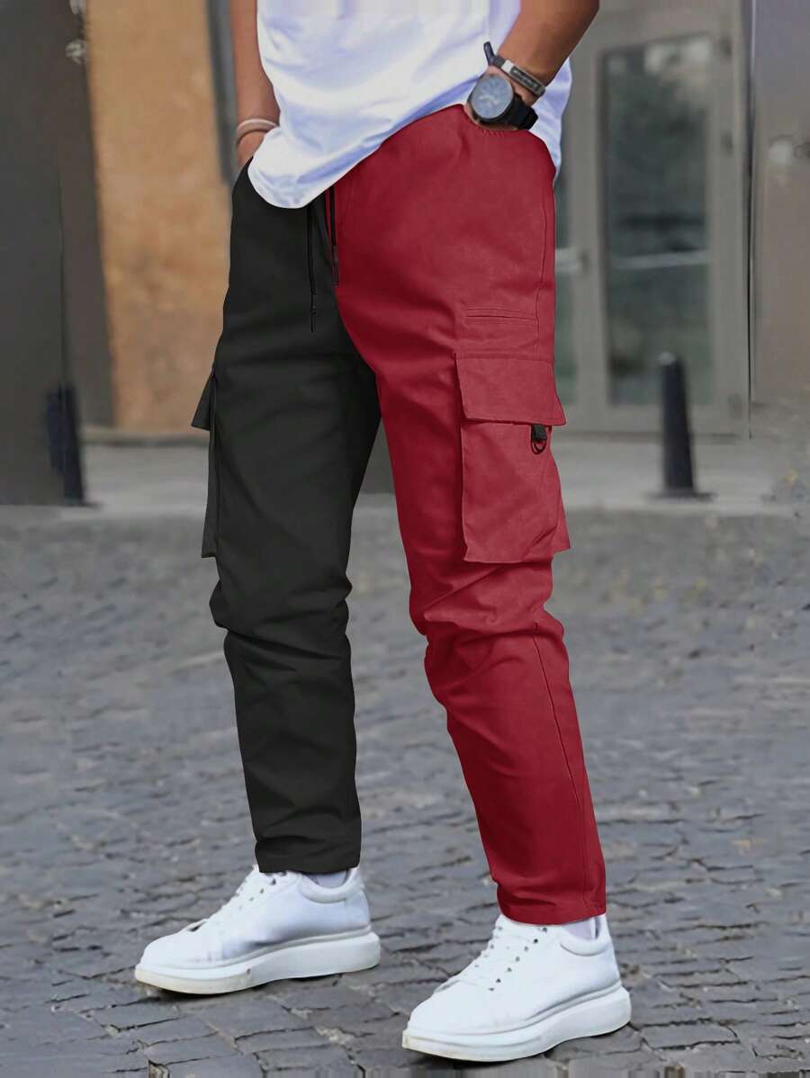 Manfinity Homme Pantalones casuales de hombre con bolsillo de carga y cintura con cordón de color de contraste