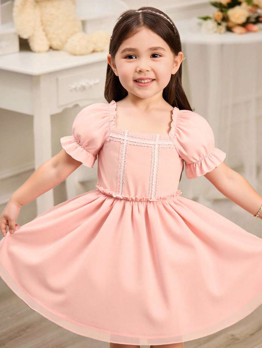 Glamorique Kids Young Girl Textured Fabric Ruffle Trim Square Neck Short Puff Sleeve A-Line Dress, Spring/Summer