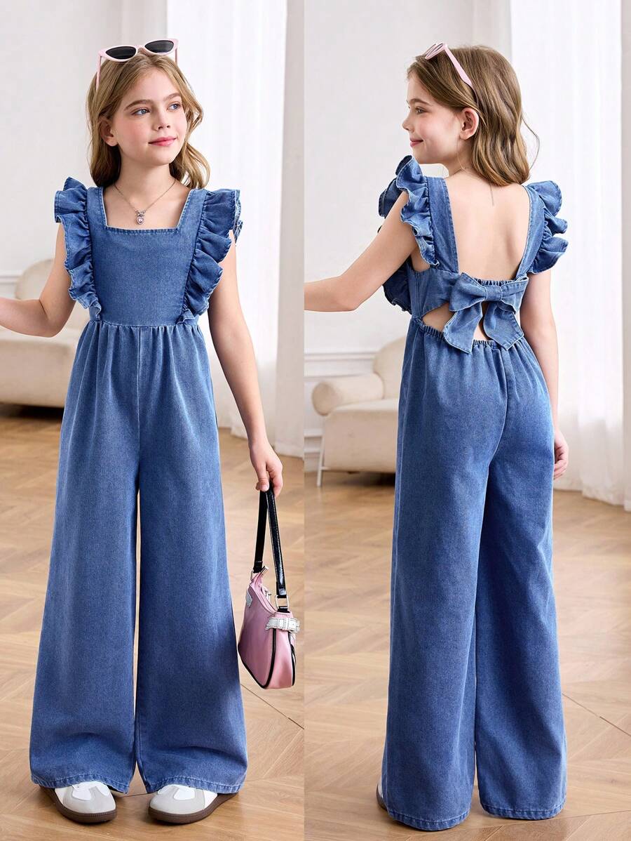 SHEIN Tween Girls Spring Summer Break Solid Washed Sleeveless Backless Openback Jumpsuit With Bowknot And Ruffle Trim,Casual Style And Casual Fit,Girls Summer Beach Boho Vacation Causal Outfits,Rave Concert Festival Outfits