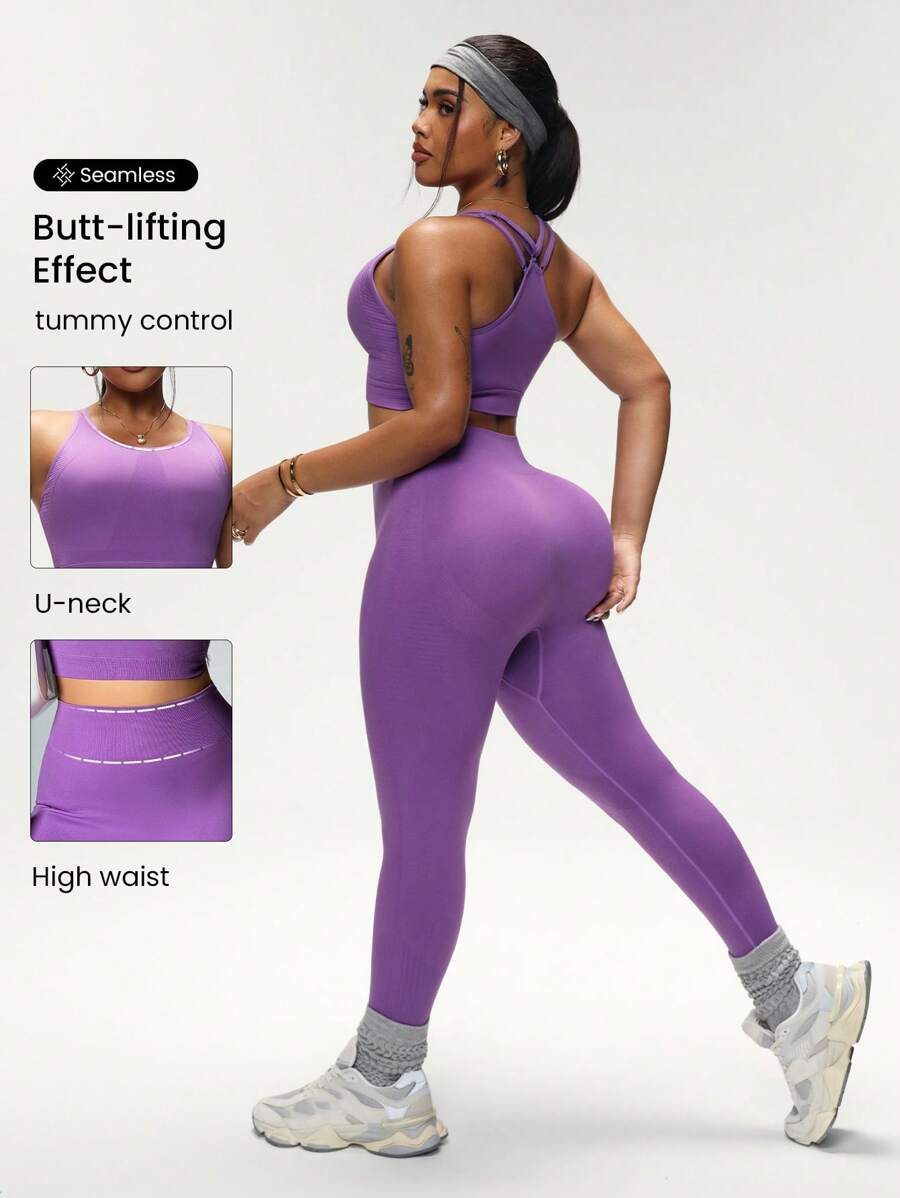 SHEIN Sport Studio Set di reggiseno sportivo senza cuciture e pantaloni lunghi, taglia comoda, per il fitness delle donne