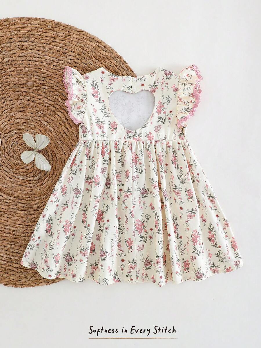 Cozy Pixies Abito da bambina con scollo tondo, maniche corte, vita arricciata e fantasia floreale ditsy
