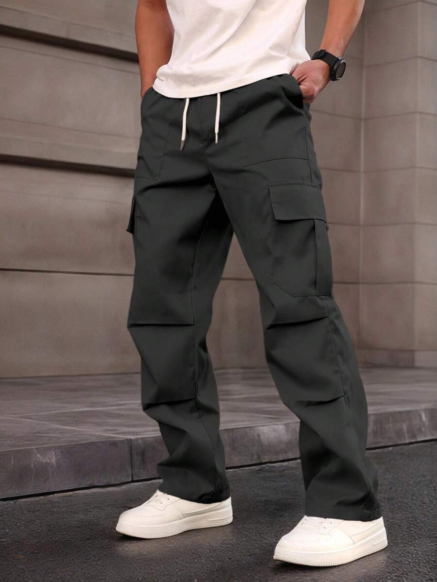 Pantalón cargo casual de hombre de unicolor con cordón, ropa de calle diaria