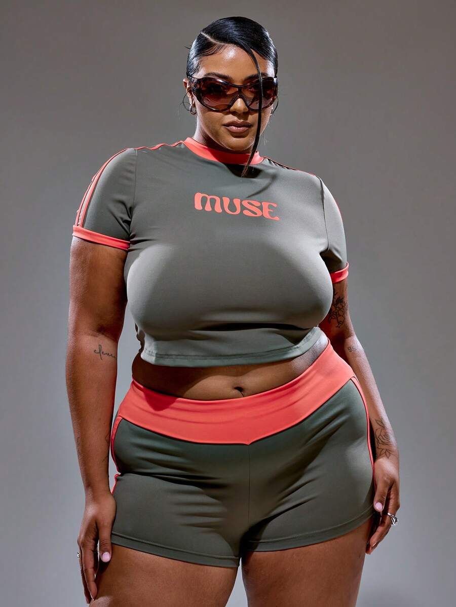 MUSERA Plus Size Women Contrast Trim "Muse" Graphic Print Fitted Baby Tee Co Ord Top Only Summer Streetstyle Vacation Holiday 90's Y2k Cute Casual City Muse