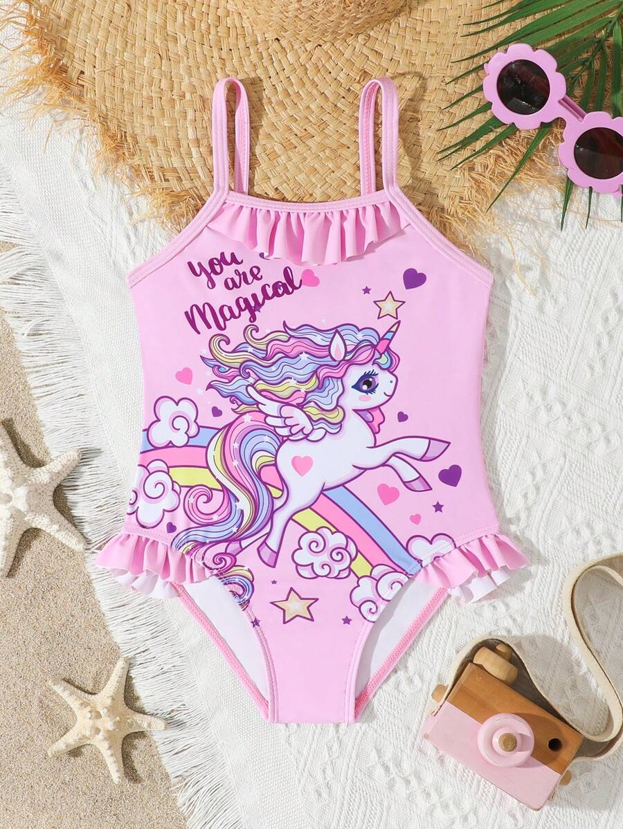 Traje de baño de una pieza para niñas, con tirantes ajustables, volantes, diseño de unicornio y aberturas de piernas con volantes