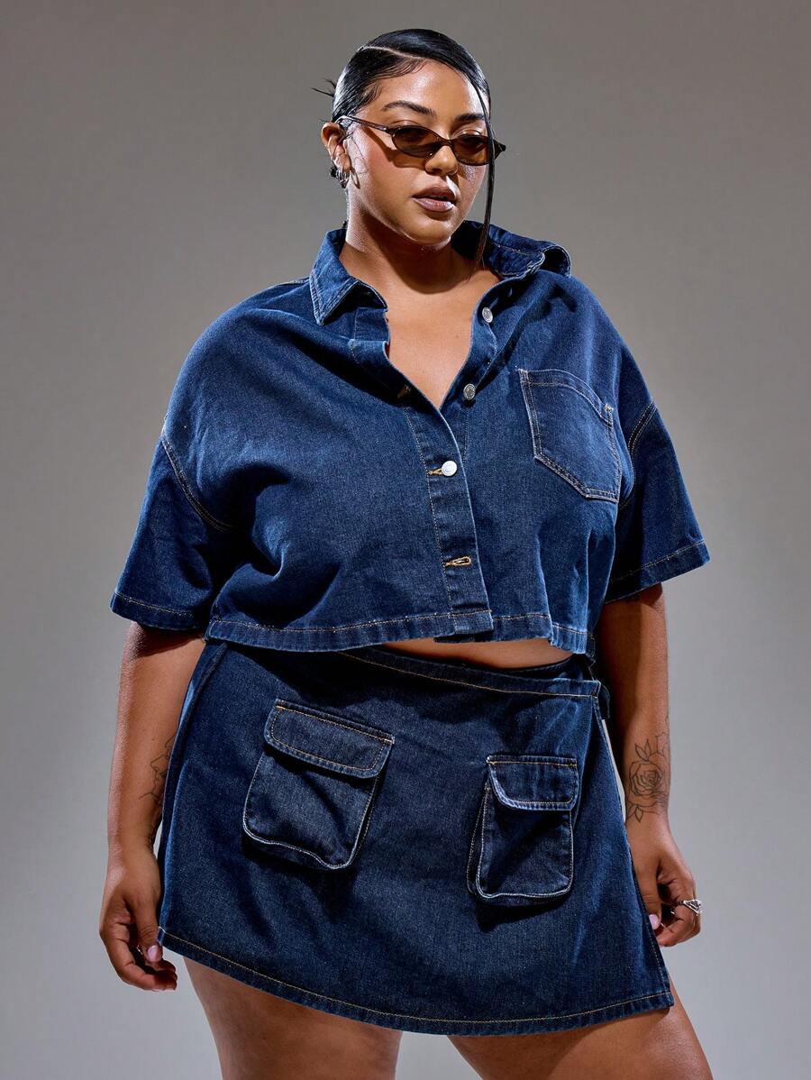 MUSERA Plus Size Boxy Cropped Button Through Short Sleeve Denim Jacket Only Summer Streetstyle Vacation Holiday 90's Y2k Cute Casual City Muse Streetwear Back To School