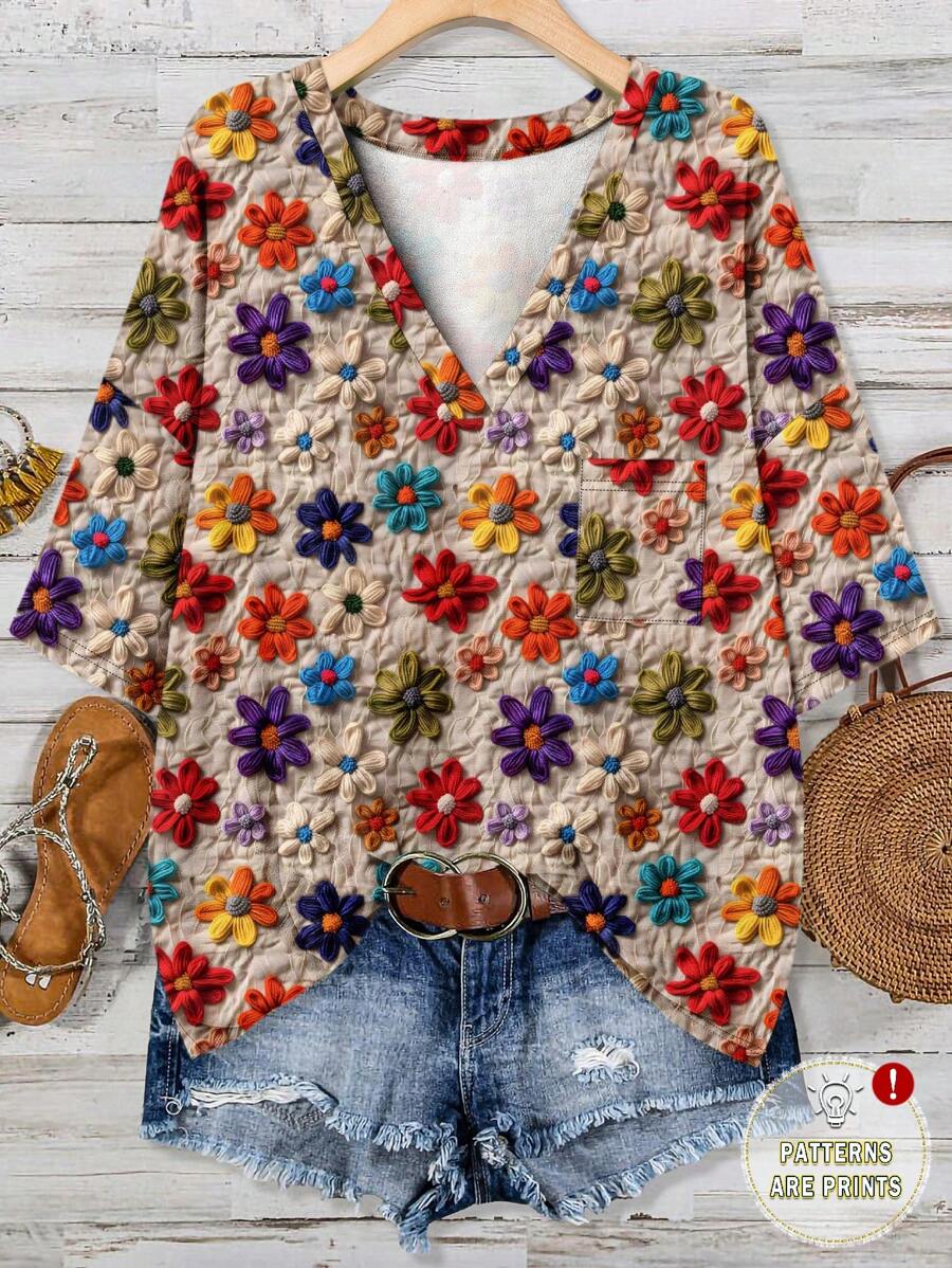 EMERY ROSE Vacation Casual Floral Print Loose Short Sleeve V-Neck Pocket T-Shirt, Plus Size, Suitable For Summer Woman S Summer Clothes