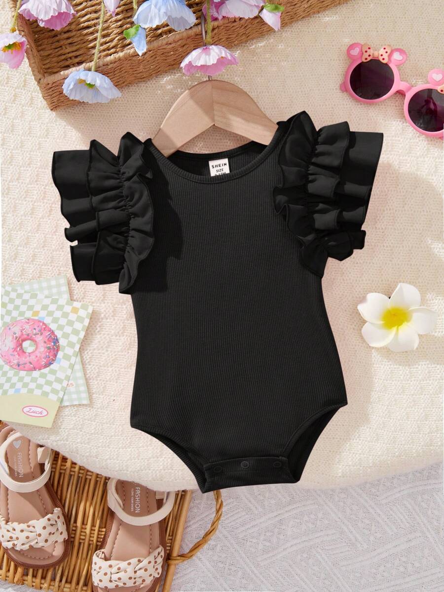 SHEIN Pelele informal con volantes negros para bebés recién nacidas en verano