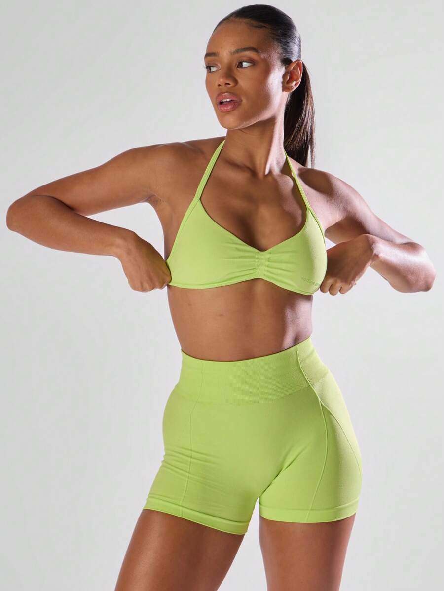 Musera Sport Solid Ruched Bust Open Back Halter Sports Bra , Active Comfy Workout Gym Outfit Running Run Club ,Padel, Tennis, Pickleball
