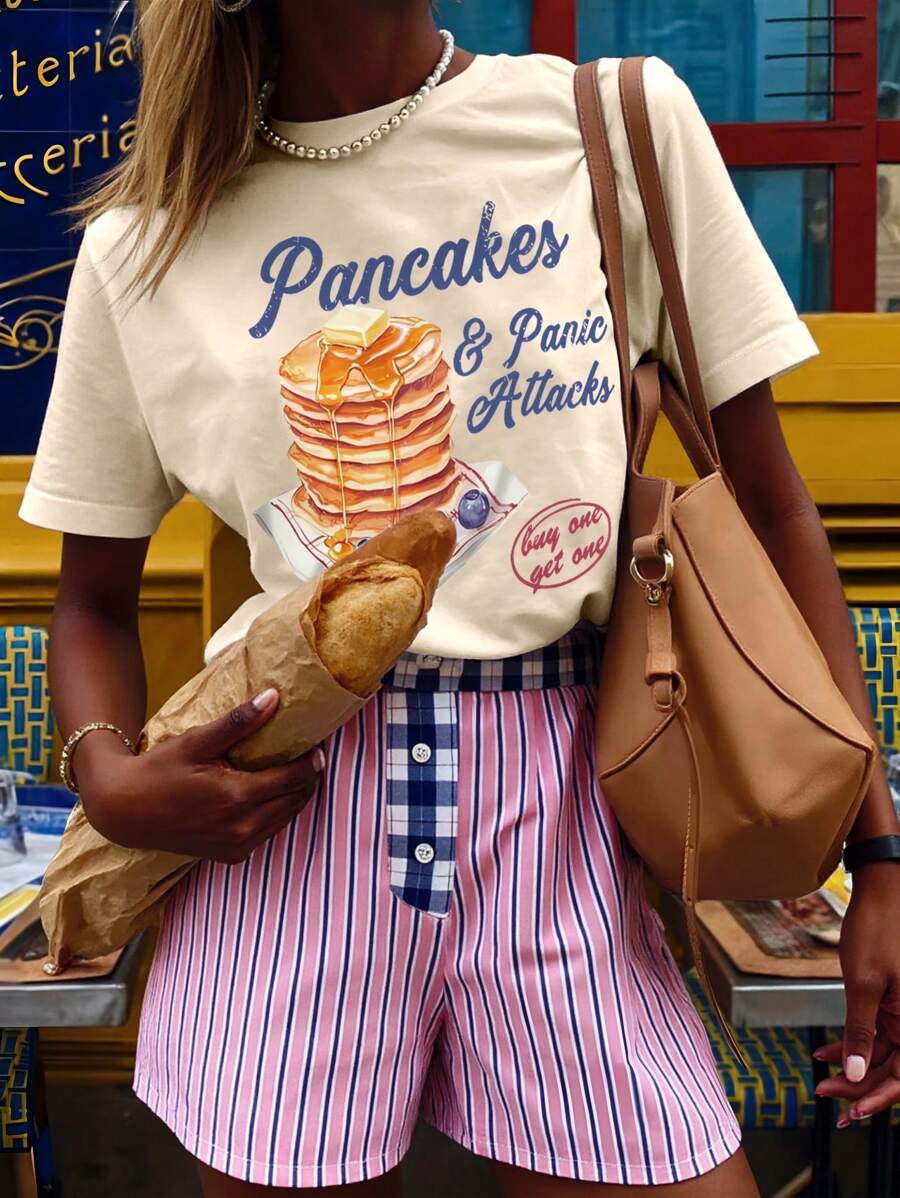 DrmWander Camiseta de manga corta talla grande con impresión de letra de panqueque, de estilo casual y sencillo
