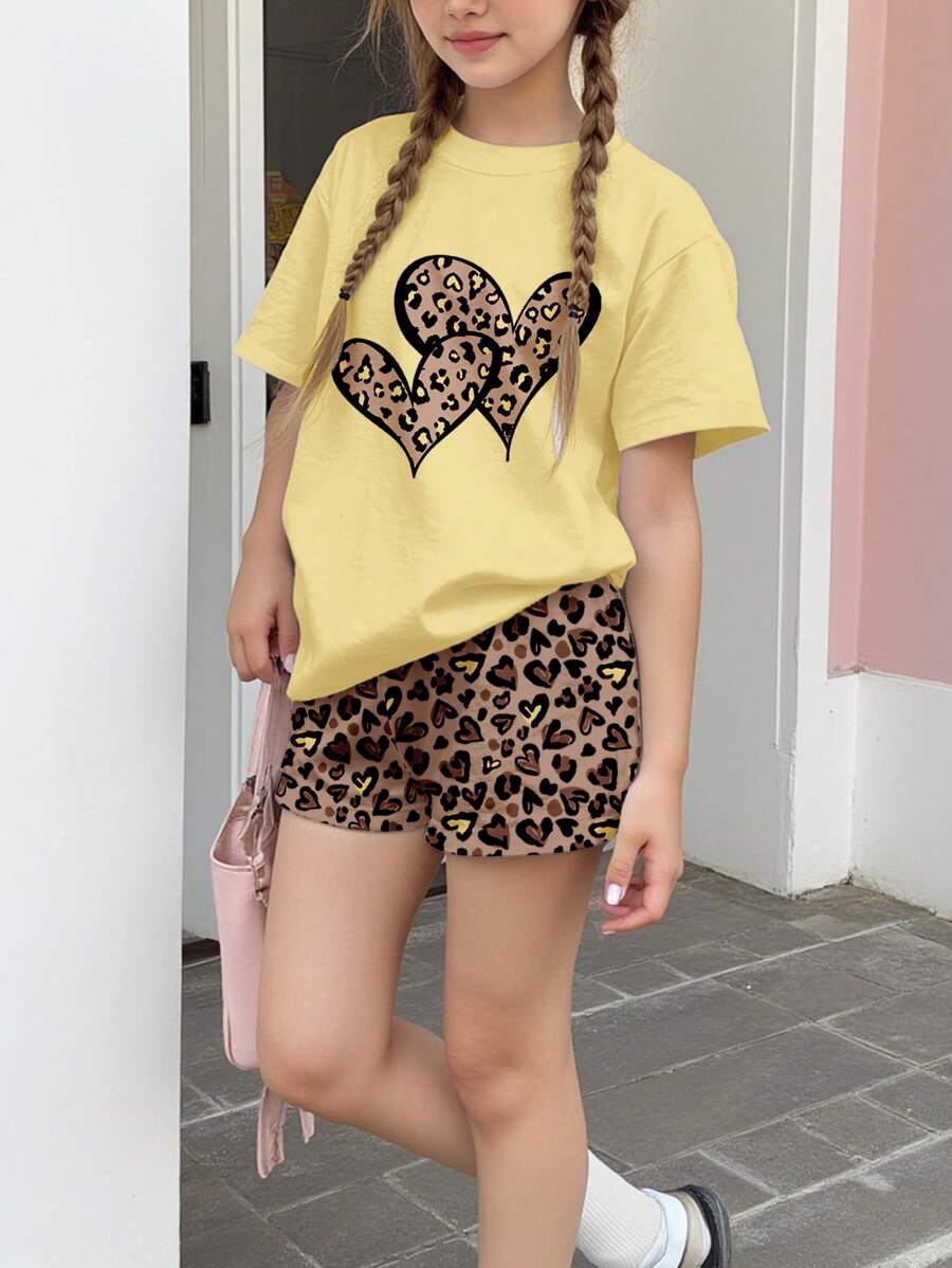 SHEIN Tween-Mädchen 2-teiliges Set aus lässigem, schlichtem Kurzarm-Oberteil und Shorts, geeignet für den Sommer