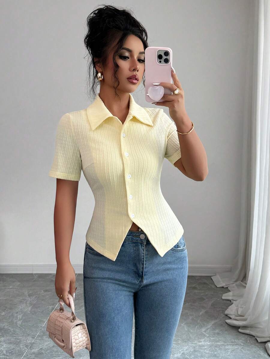 Elenzga Women's Solid Color Short Sleeve Single-Breasted Jacquard Knit Shirt-Style T-Shirt