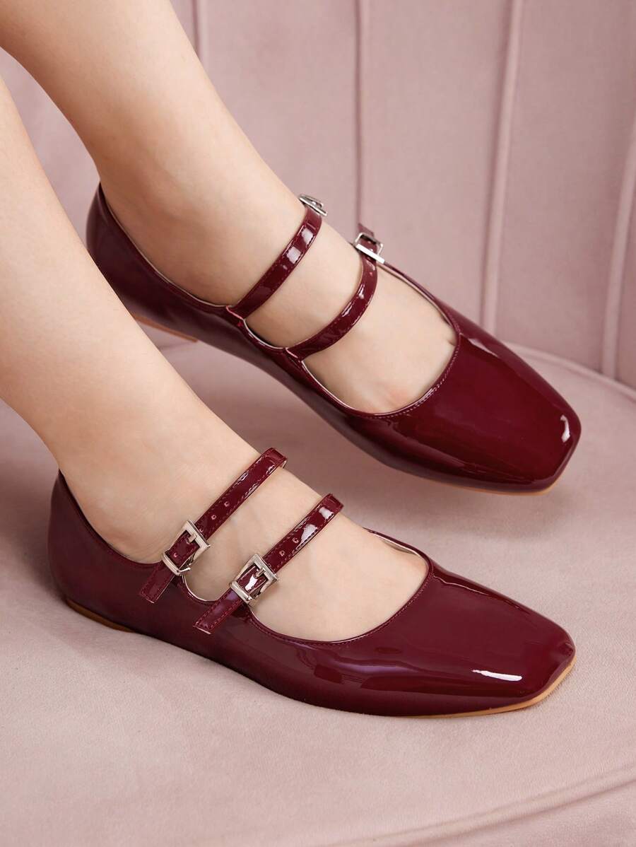 CUCCOO DOLLMOD Zapatos planos de estilo "Mary Jane" de mujer de moda con decoración de hebilla, punta cuadrada, color burdeos, ideales para el Día de San Valentín, vacaciones de verano, vuelta al cole, estudiantes universitarios y Navidad/Otoño BURDEOS "Mary Jane" Año Nuevo