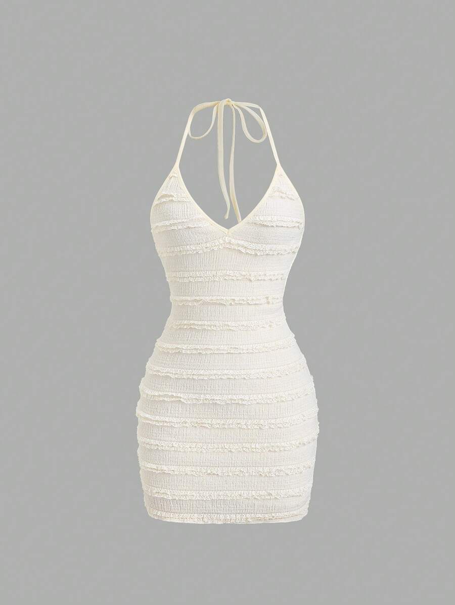 Sweetra Vestido mini informal con textura de punto, volantes, espalda descubierta y nudos, ligero para mujer, ideal para primavera/verano
