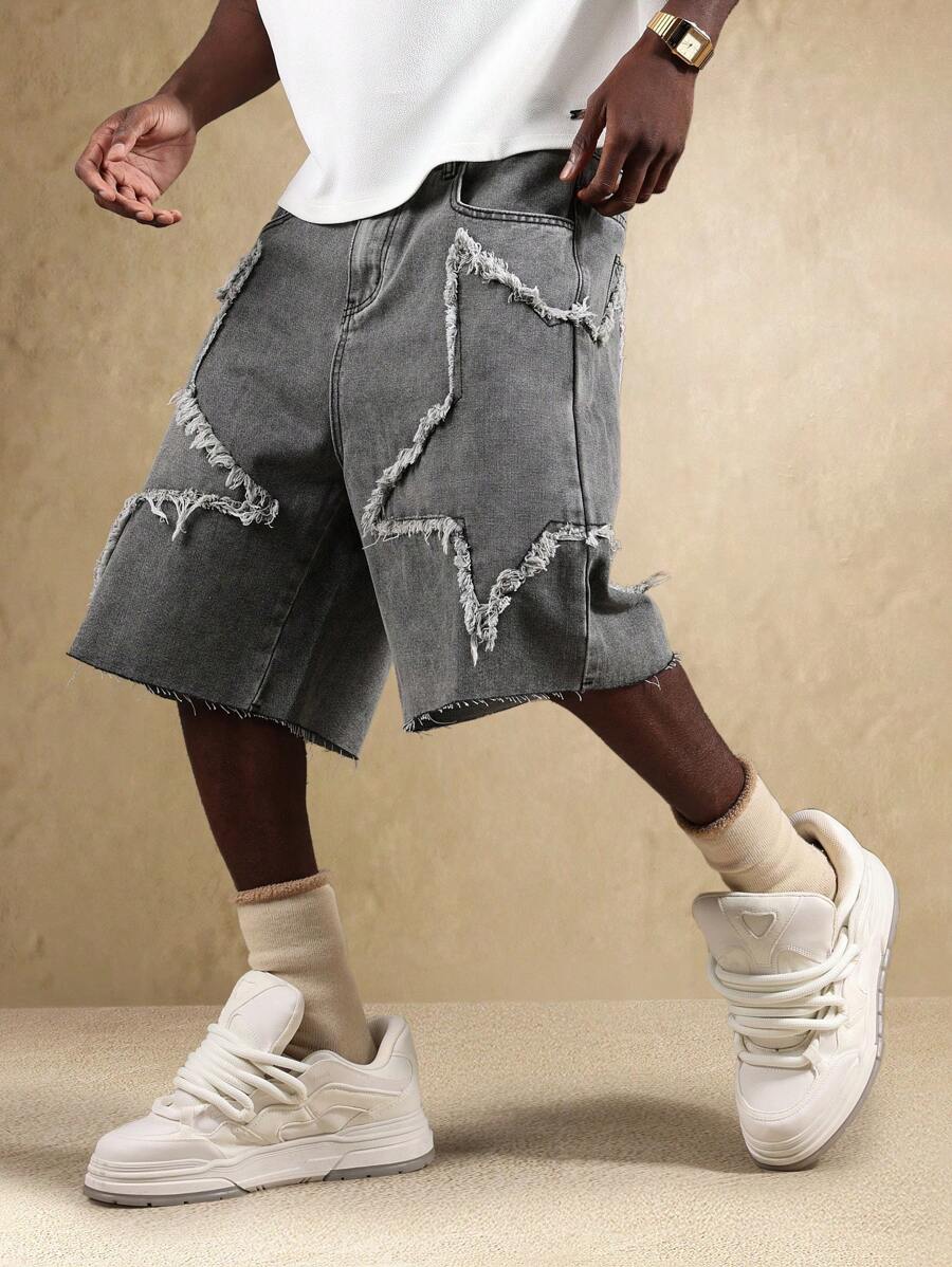 SUMWON Distressed Denim Jorts High Fashion Star Pattern Cut Out Design Knee Length Street Style Festival Summer Shorts