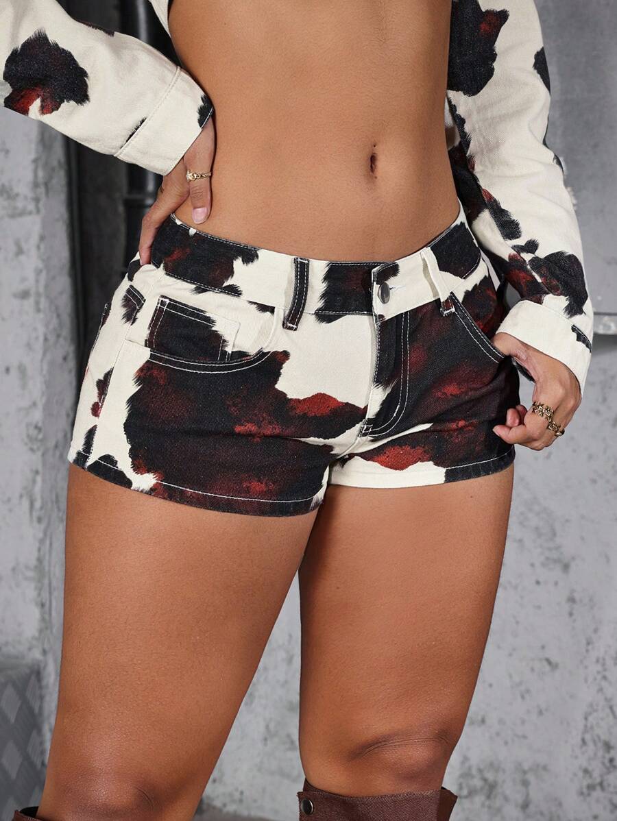 Jeanoix Women's Denim Cow Print Contrast Color Super Short Shorts, Summer