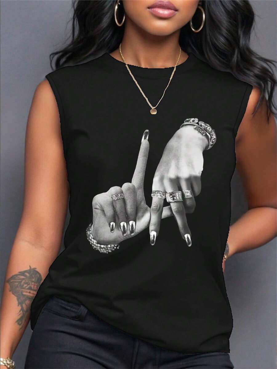 Maweii Canottiera da donna taglie forti con stampa di gesti delle mani, stile retrò