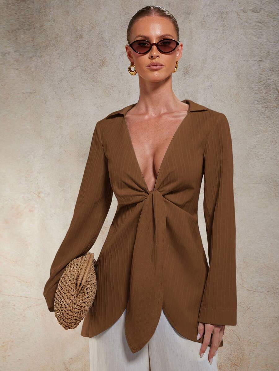 COSMINA Camicia da donna con laccio, di colore solido, casual per le vacanze