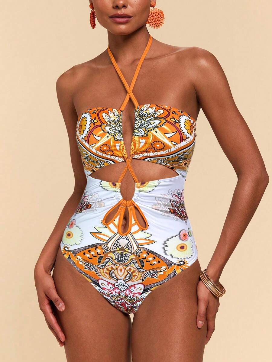 Travachic Costume da bagno intero da donna dal design retrò con scollo ad altalena, adatto per vacanze e spiaggia
