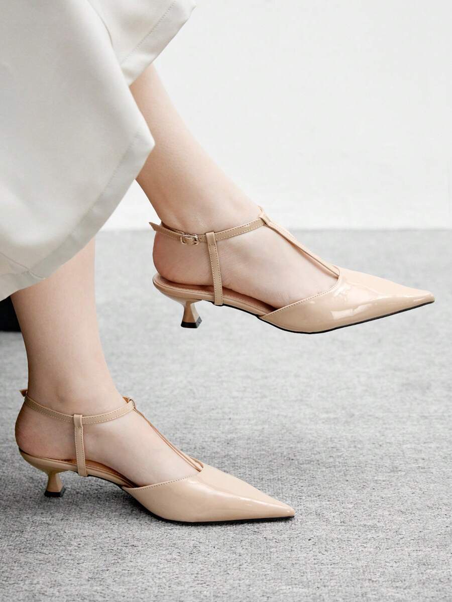 CUCCOO BIZCHIC Women's Fashion Pointed Toe Chain Decor Open Back Kitten Heel Pumps