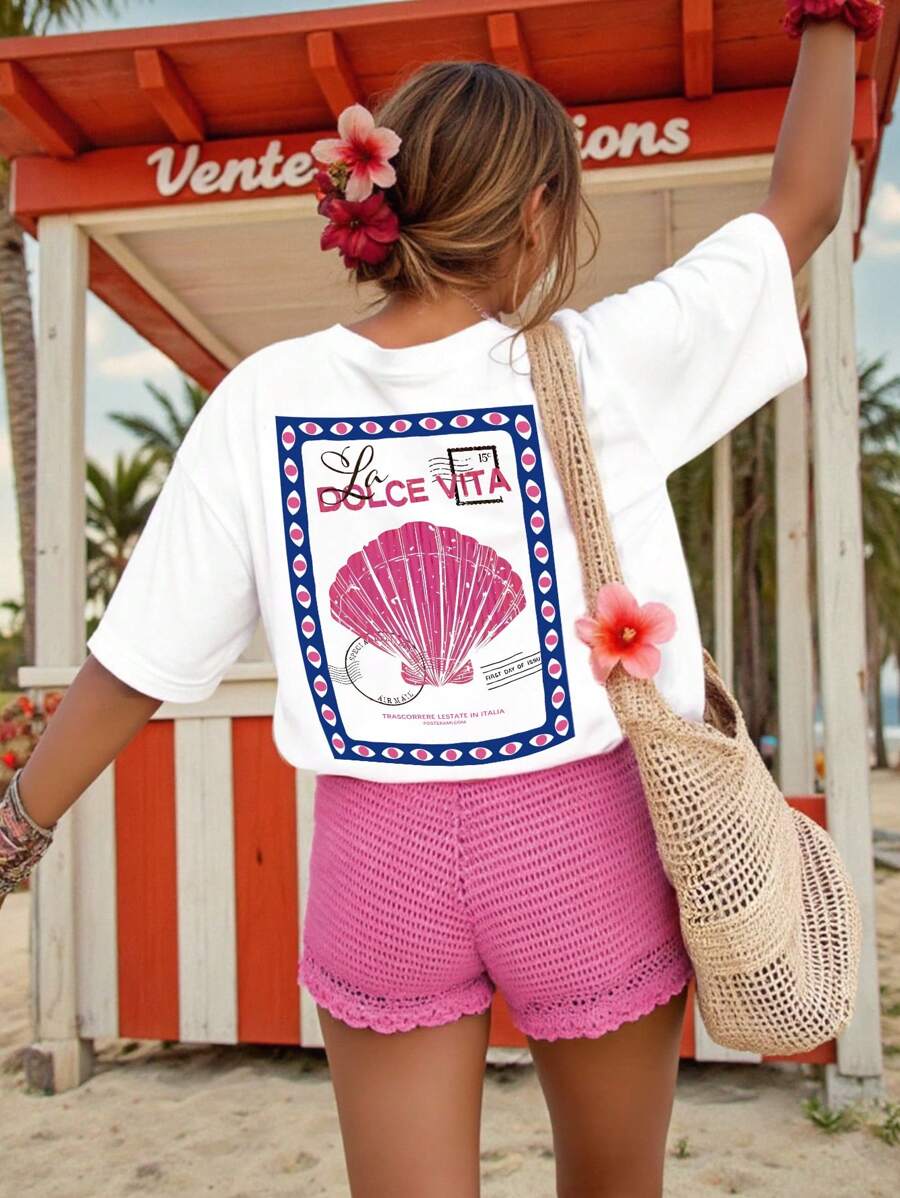 DrmWander Camiseta de manga corta con estampado de concha, casual de vacaciones