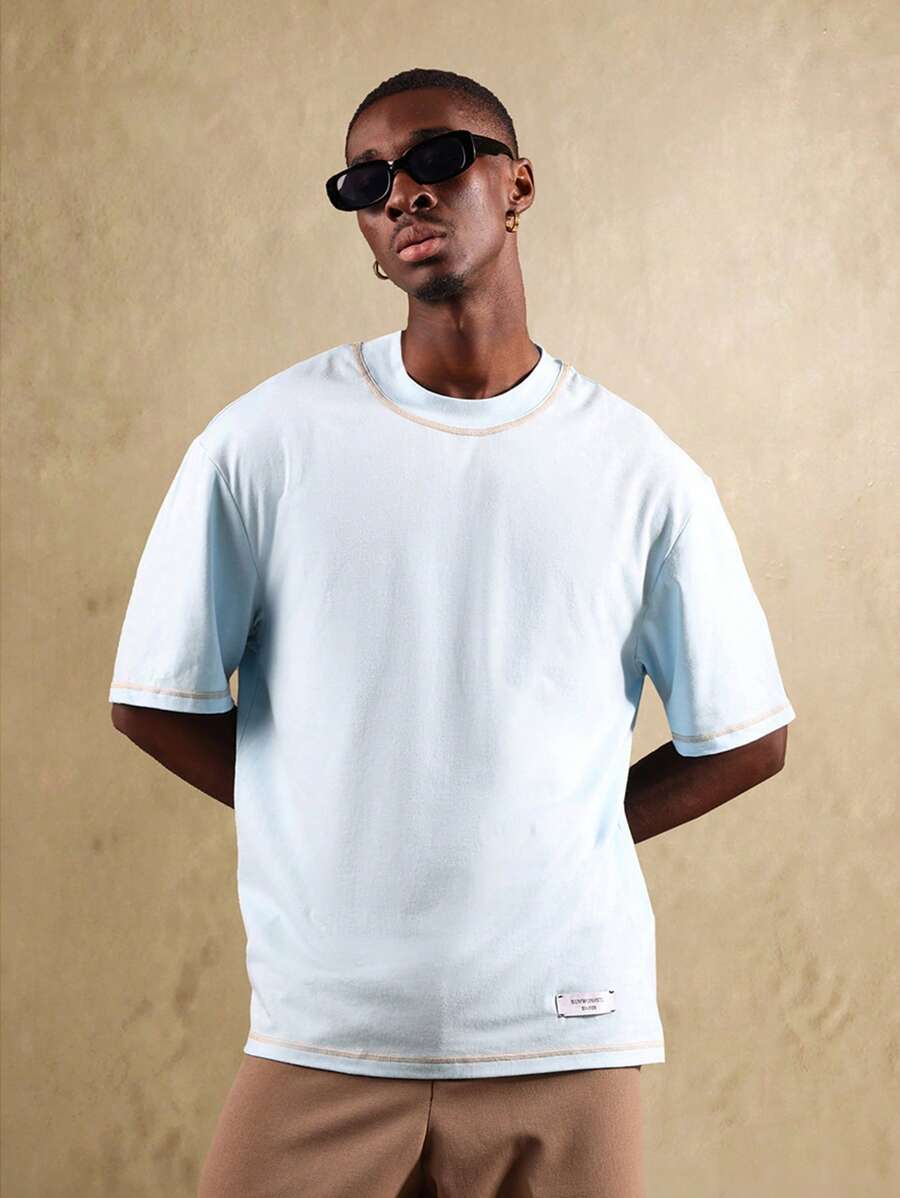 SUMWON Premium Cotton Contrast Stitch Regular Fit Short Sleeve T-Shirt Casual Everyday Streetwear Basic Essential
