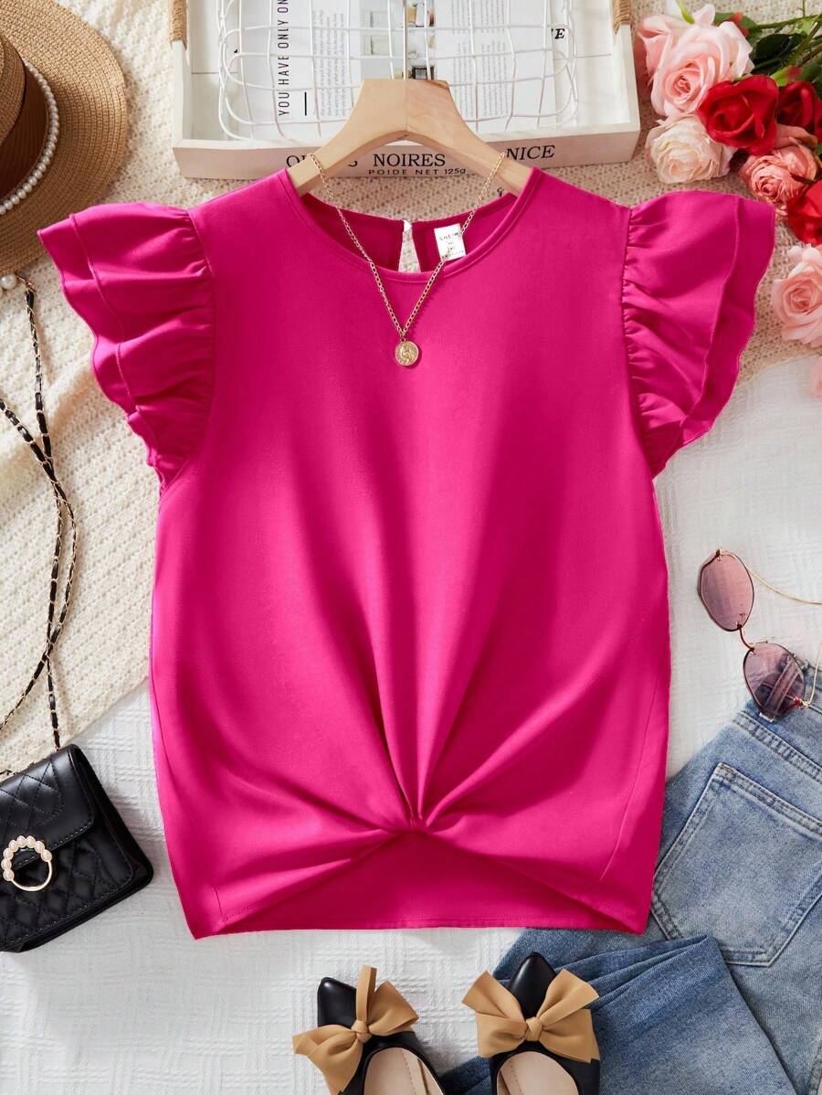Teen Girls Solid Color Layered Ruffle Sleeve Blouse