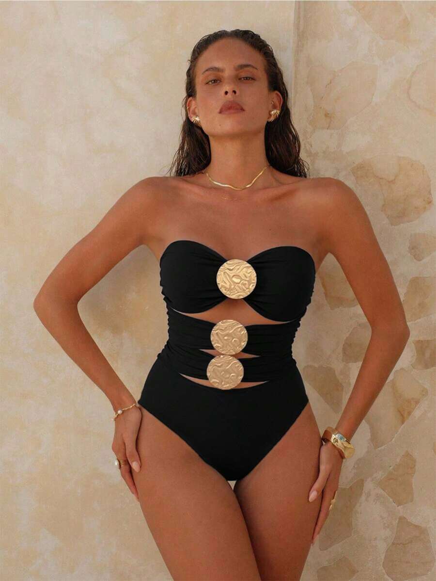 Swim Chiccia 1 pezzo Crop top elegante in metallo nero con design segmentato
