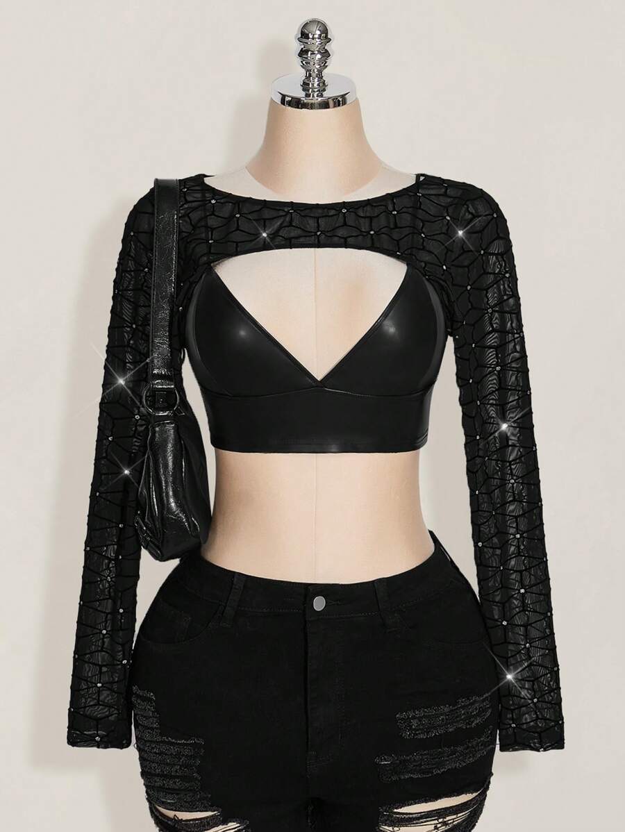 SHEIN ICON Plus Size Extra Cropped Long Sleeve Top With Rhinestone Embellished Mesh Overlay, Y2K Style,Club Outfits Women Sexy,Going Out Tops Women