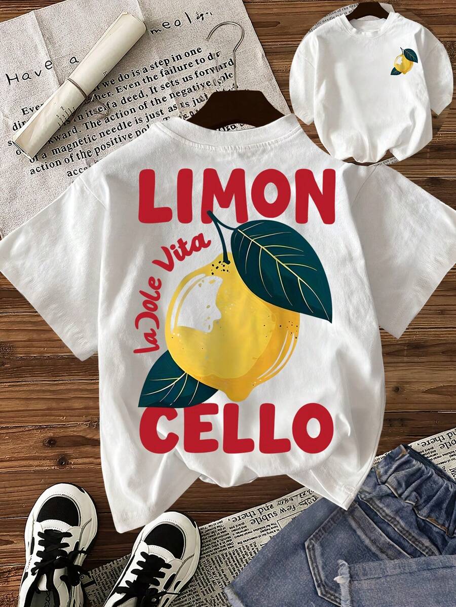 INAWLY Women Summer Letter & Lemon Printed Casual Round Neck Short Sleeve T-Shirt