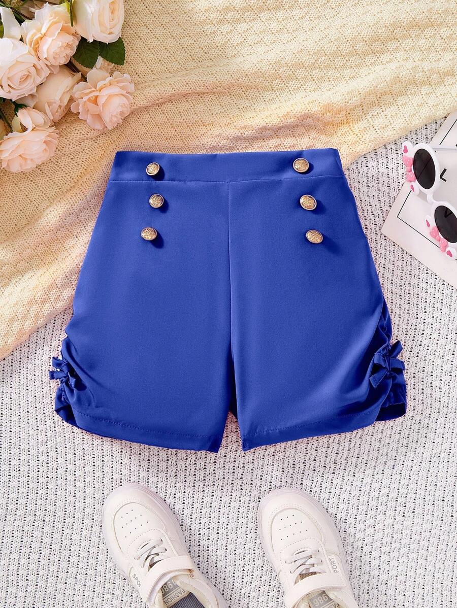 SHEIN Girls' Plain Simple Button Decor Shorts