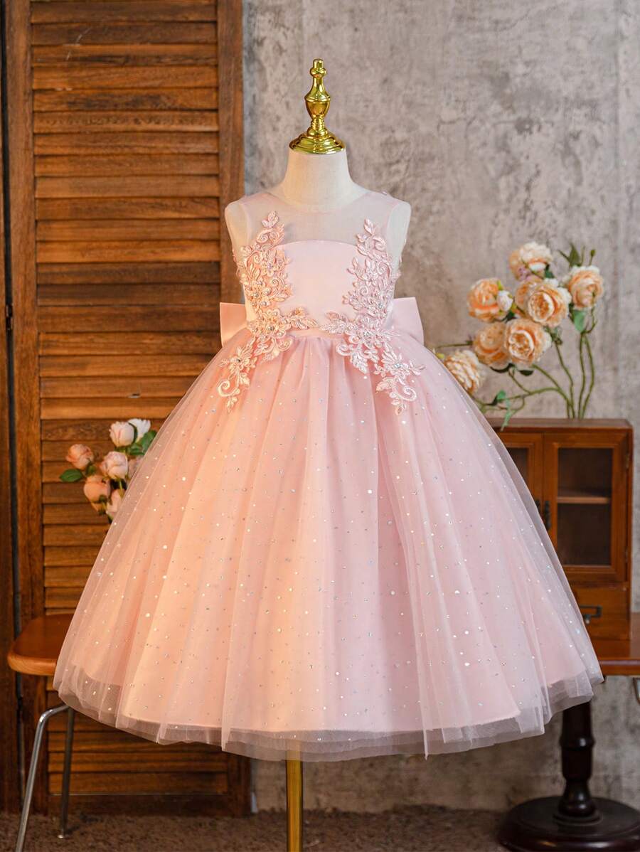 SHEIN Glamorique Kids Vestido de princesa para niñas con flores bordadas, lentejuelas y tul, ideal para fiestas de vacaciones, cumpleaños y bodas